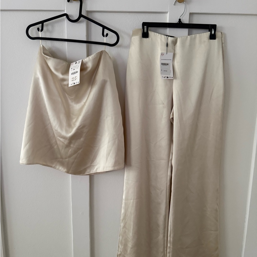Zara STRAPLESS SATIN EFFECT TOP & WIDE LEG PANT SET - Picture 3 of 6